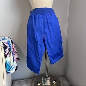 Fresh 10P Blue Roll Tab Cuffs Woven Cargo Capri Pants Elastic Waist